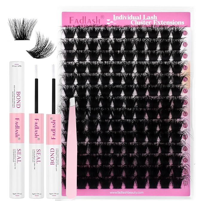 FADLASH Lash Extension Kit 200D Lash Cluster Kit DIY Eyelash Extension Kit with Lash Bond and Seal Lash Tweezers Natural Cluster Lashes Kit Individual Lashes 3D Effect (KIT, 200D-3D-07D-15-20mm)