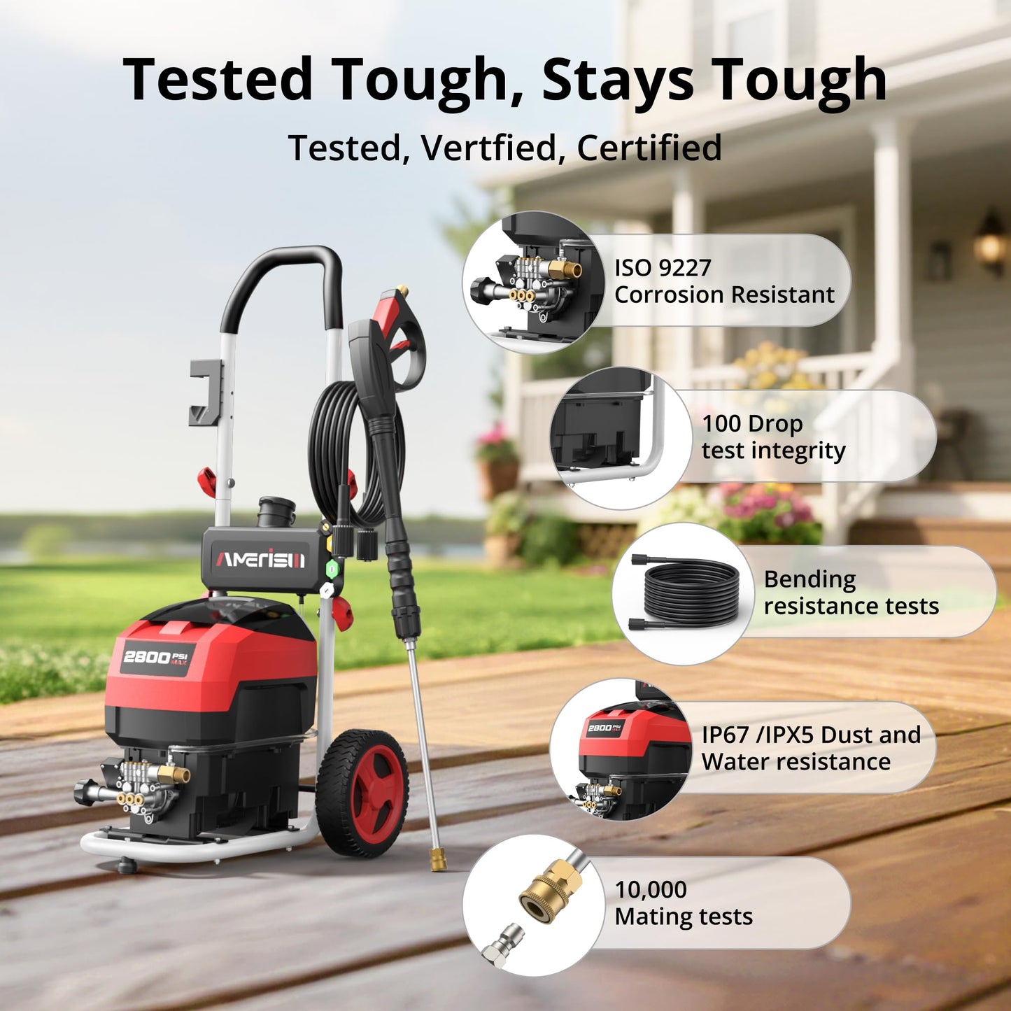 AMERISUN Electric Pressure Washer, 2800 Max PSI and 2.0 GPM, Power Washer with Onboard Soap Tank, Spray Gun and 25 FT Hose, 5 Nozzle Set (1 Turbo), for Cars/Driveways/Patios/Furniture/Deck