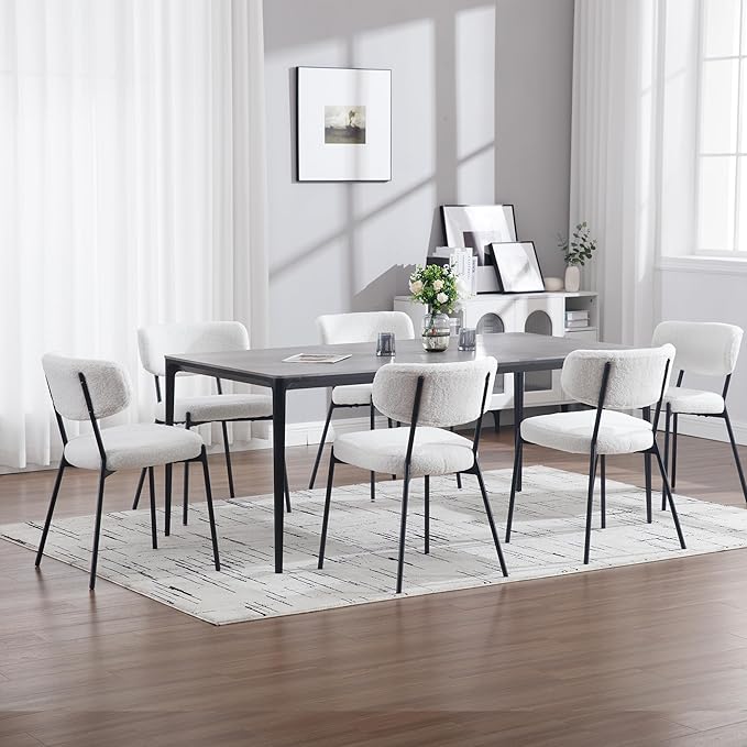 KCC Boucle Dining Chairs Set of 6, Modern Mid-Century Upholstered Stylish Kitchen Chairs Sherpa Accent Diner Chairs with Metal Legs and Curved Back for Kitchen, Dining Room(White)