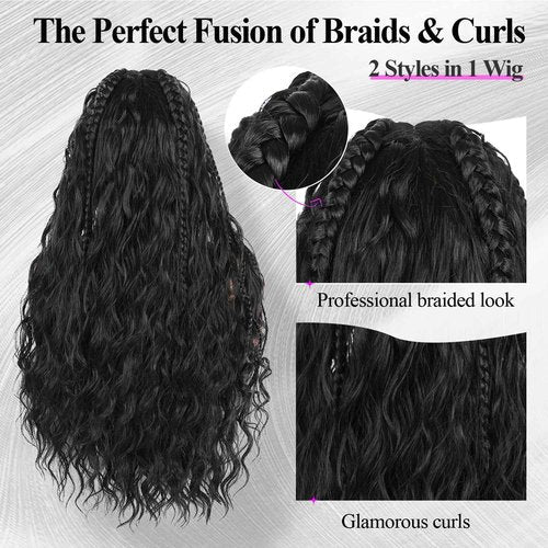quickwig Braided Curly Wig for Black Women 13x6 Handmade Cornrow Braids Wig Boho Fulani Braid 26 Inch Glueless Black Long Curly Synthetic Wigs 2-in-1 Versatile Style Lace Front Wigs with Baby Hair 1B