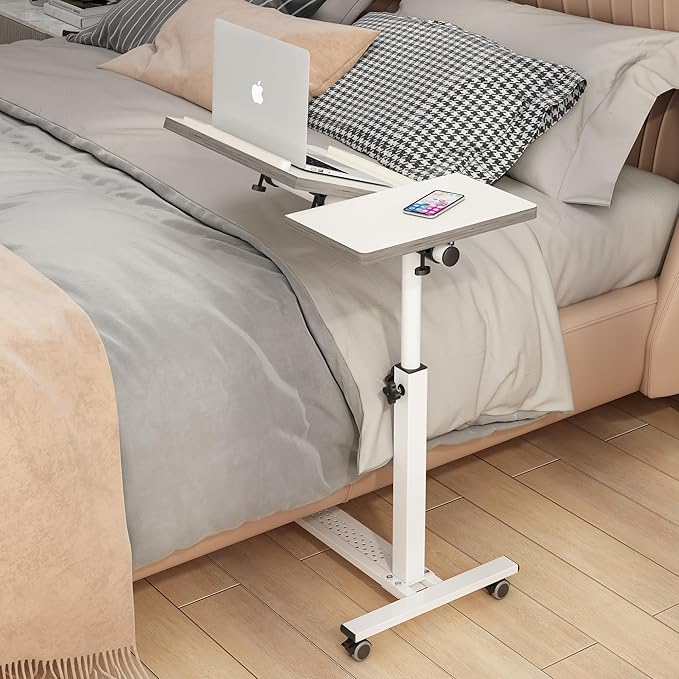 TigerDad Over Bed Table with Wheels Adjustable | Rolling Laptop Table Overbed Desk Hospital Tray Table Sofa Chair Side Table for Home Office (White)