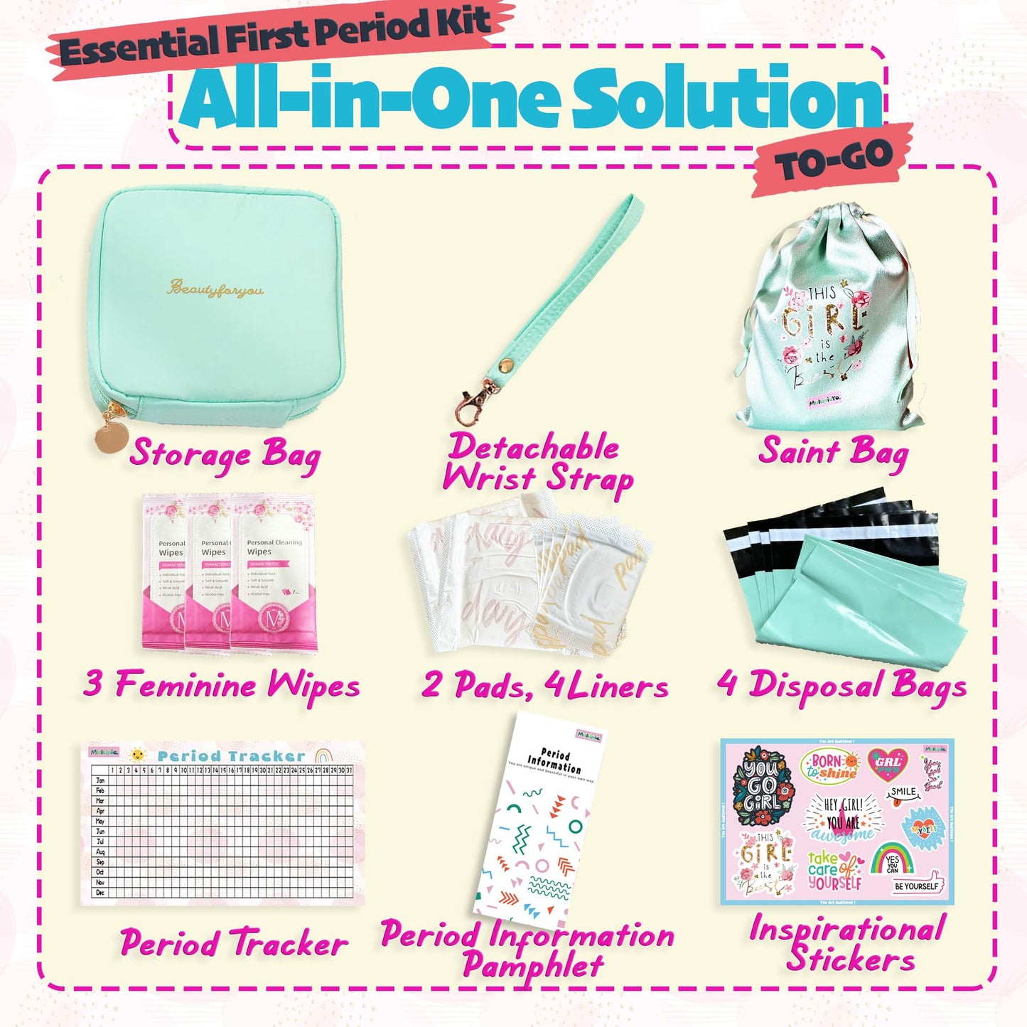 multipieyo Essential First Period Kit for Girls 10-12 | Period Bags for Teen Girls for School | First Period Gift with Sanitary Pad Storage Bag, Wipes, Period Tracker and More(Mint)