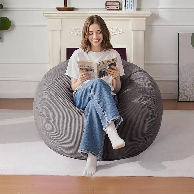 Homguava 3FT Bean Bag Chair: Teardrop Bean Bags with Memory Foam Filled, Compact Beanbag Chairs Soft Sofa with Corduroy Cover (Grey)