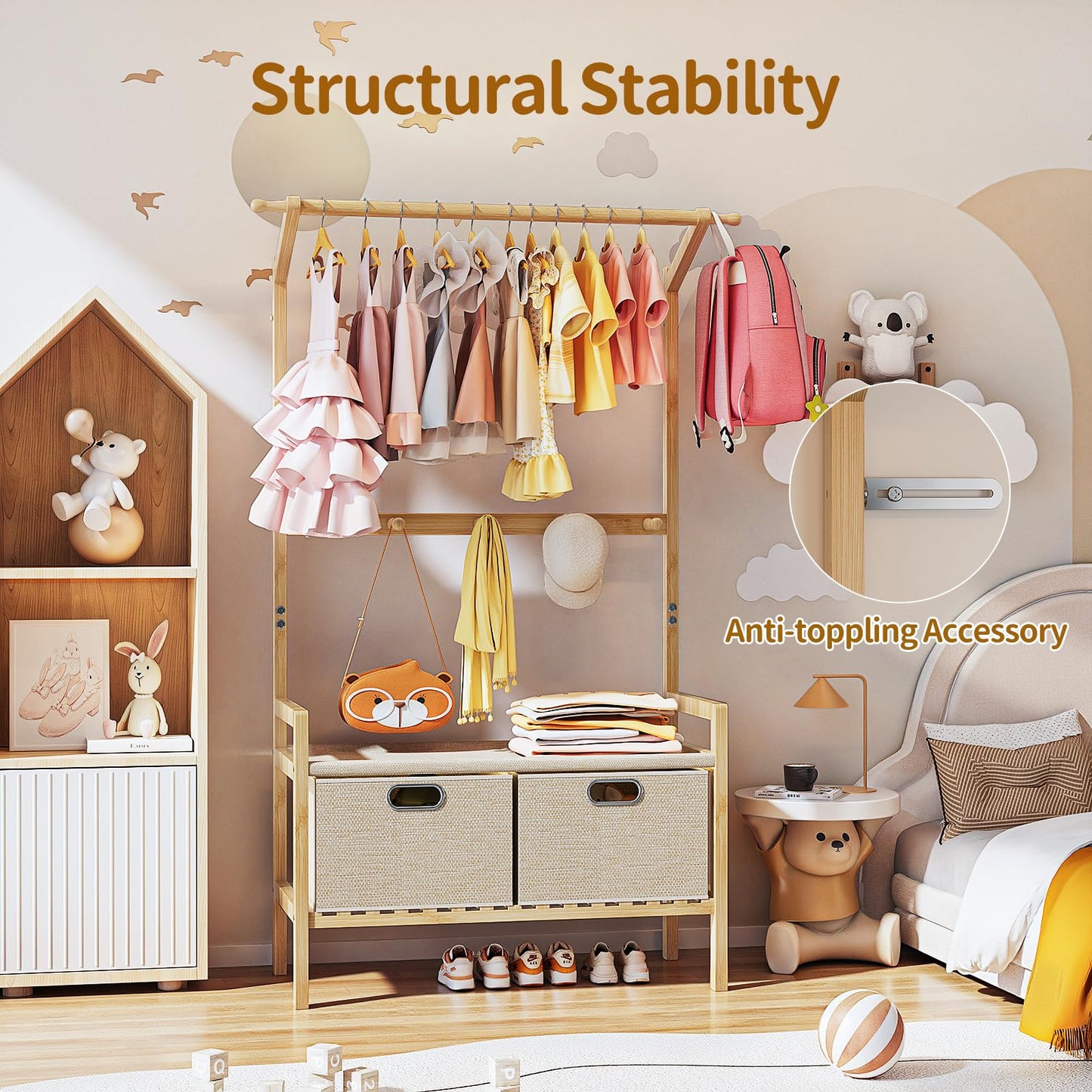 Luxspire Kids Clothing Rack, Bamboo Dress up Storage with 5 Hanging Hooks & 2 Drawers, Small Clothes Garment Rack Toddlers Kids Clothes Organizer for Bedroom Playroom, Burlywood