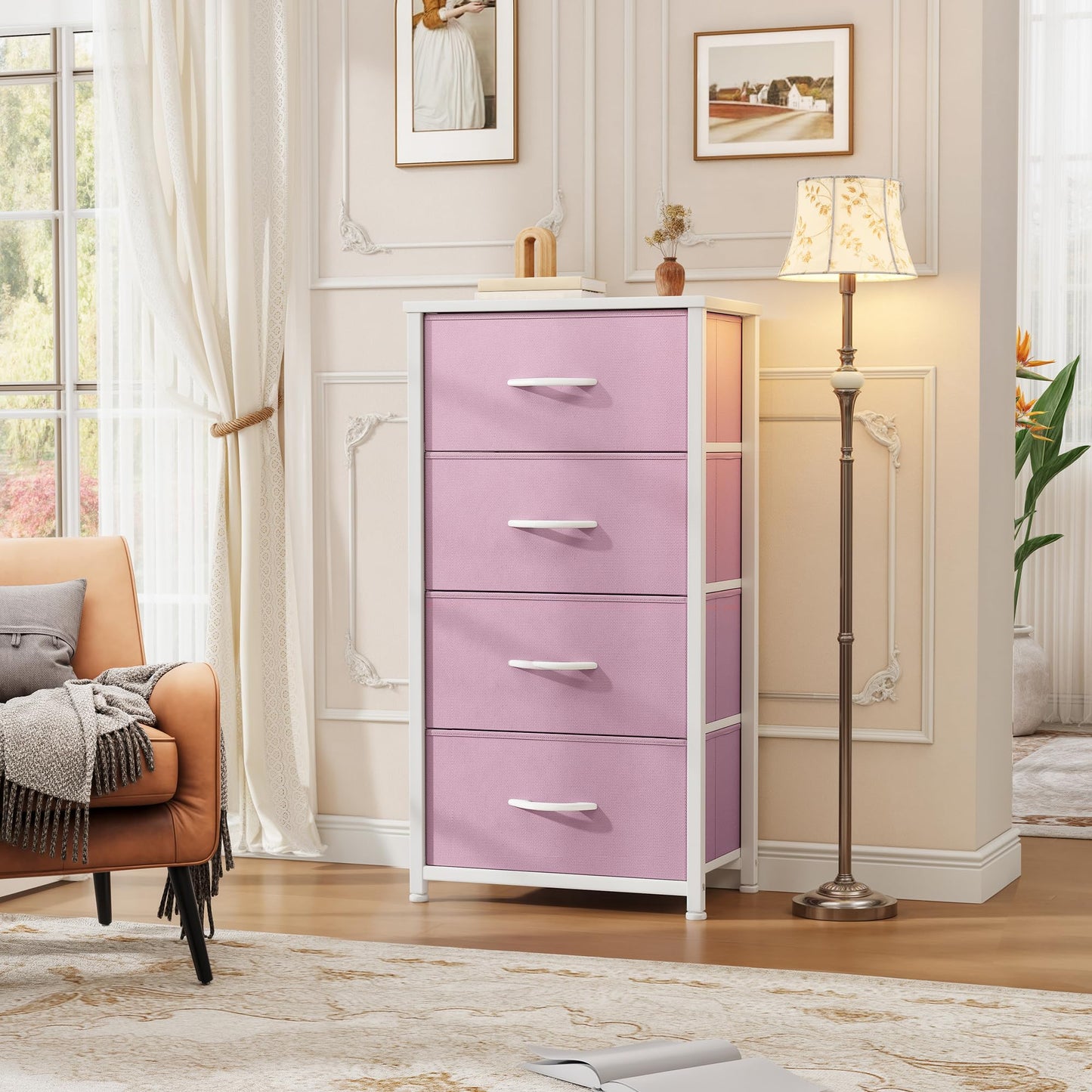 DWVO Storage Drawer with 4 Drawers - Fabric Dressers, Dresser for Bedroom, Living Room, Closets - Sturdy Steel Frame, Wooden Top & Easy Pull Fabric Bins