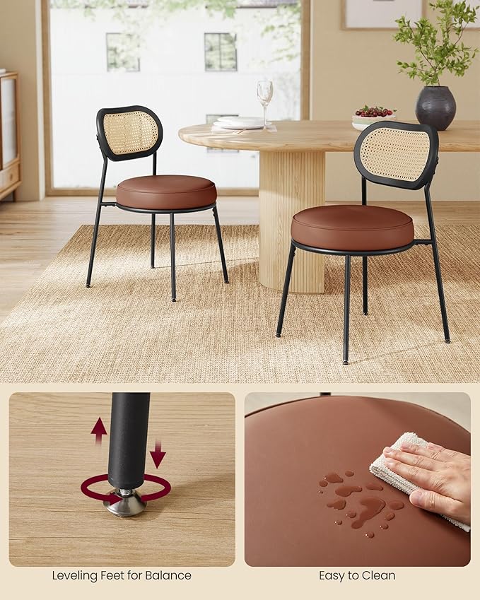 VASAGLE Dining Chairs, Set of 4 Accent Chair for Dining Room Kitchen, with Boho PE Rattan Back, Synthetic Leather Upholstery, Coffee Brown ULDC160K24