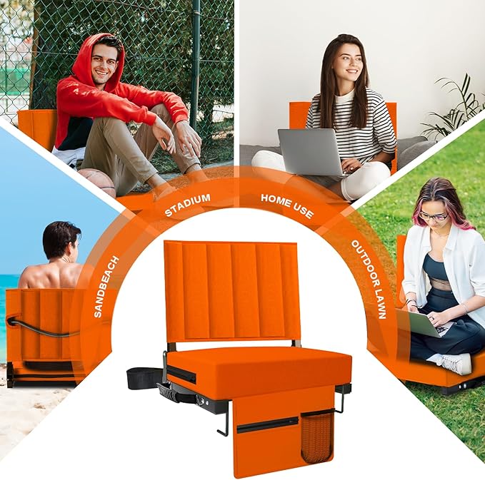 Aliphon Stadium Seat for Bleachers with Back Support and Cushion, Bleacher Seats with Shoulder Strap and Cup Holder, Padded Portable Folding Comfort Stadium Chair, for Sports Events, Orange (1pcs)