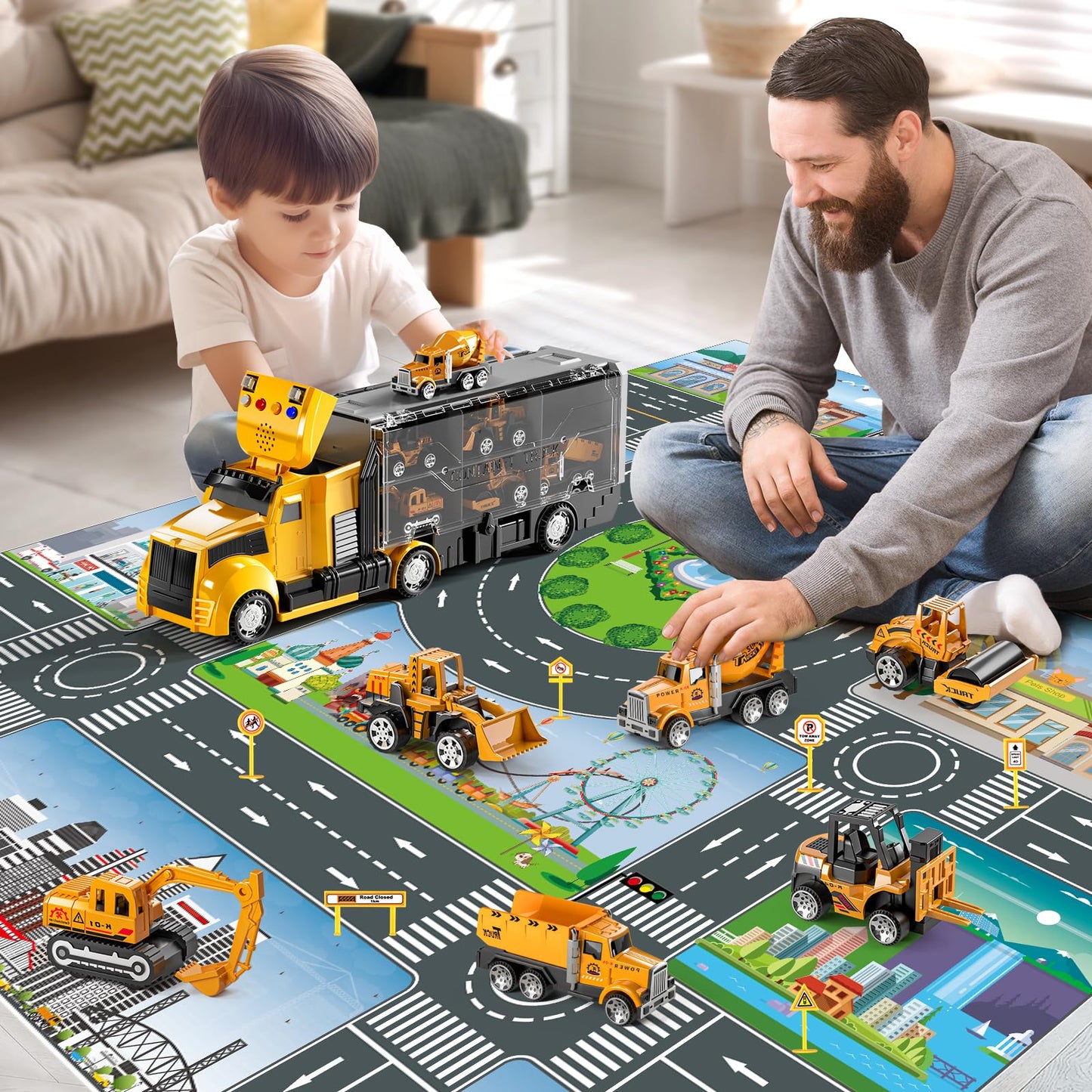 NIPLOOOW Construction Trucks Toy Set with Play Mat, Carrier Truck Play Vehicles Set for 3 4 5 6 Years Old Boys Kids, Die-Cast Car Toy for Toddlers 3-4 Years, Birthday Gifts Toys for 3-9 Year Old Boys