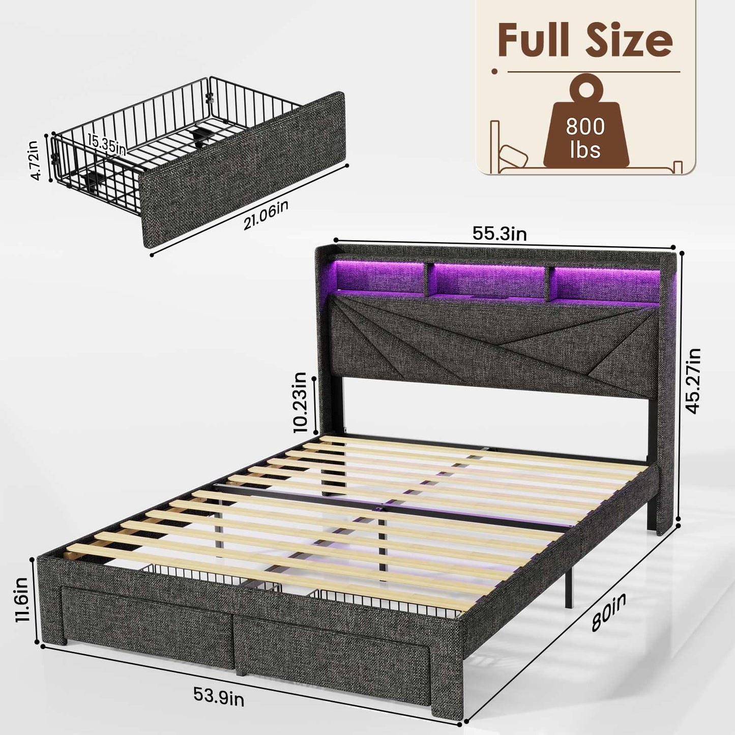 Driftalia LED Full Size Bed Frame with 2 Storage Drawers, Upholstered Full Bed Frame with Headboard and Charging Station, No Box Spring Needed, Easy to Assembly-Dark Grey