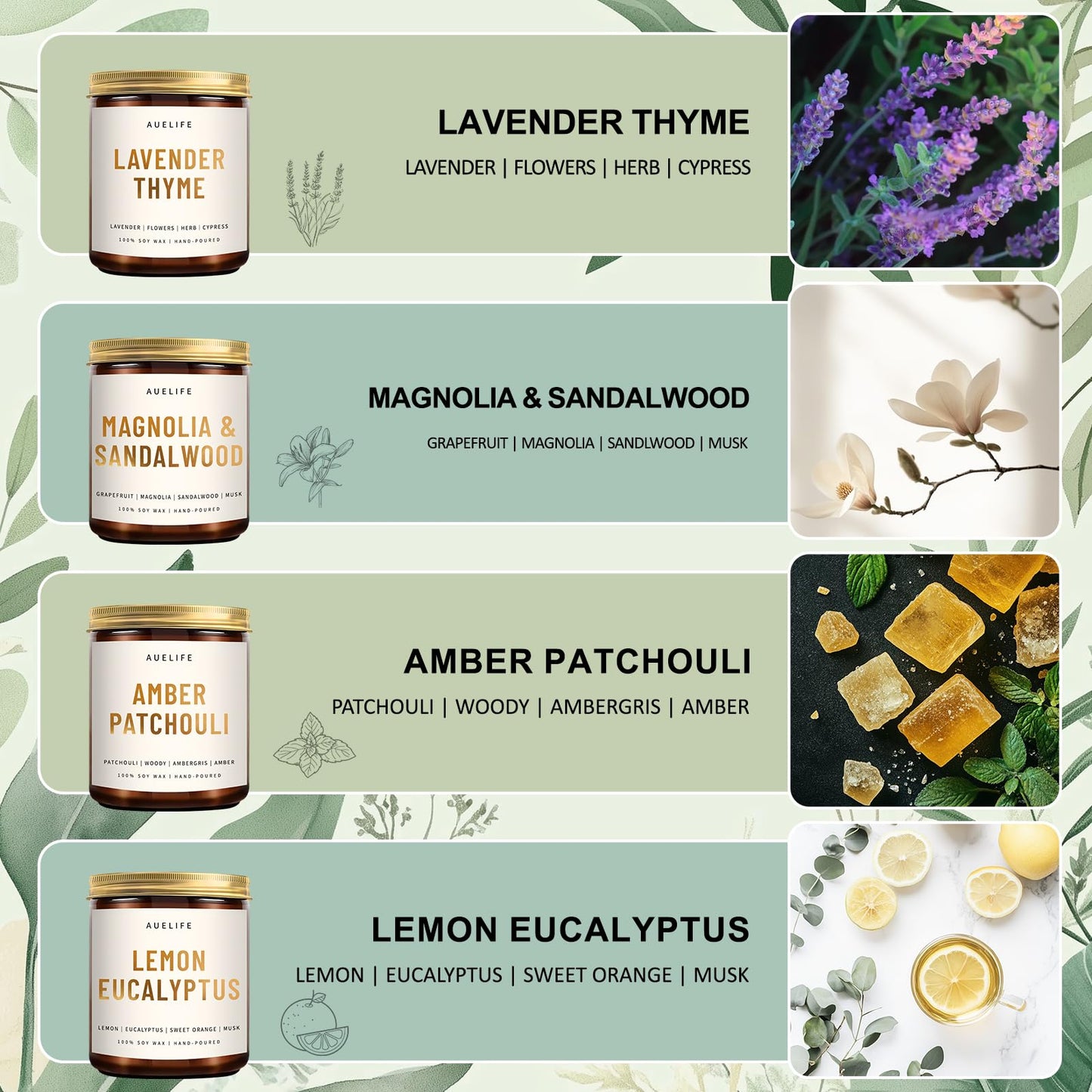 4 Pack Scented Candles Set | Scented Candles for Home, Candle Gifts for Women Men, Soy Candle for Home, Aromatherapy Gift of Amber Patchouli/Lemon Eucalyptus/Lavender/Sandalwood