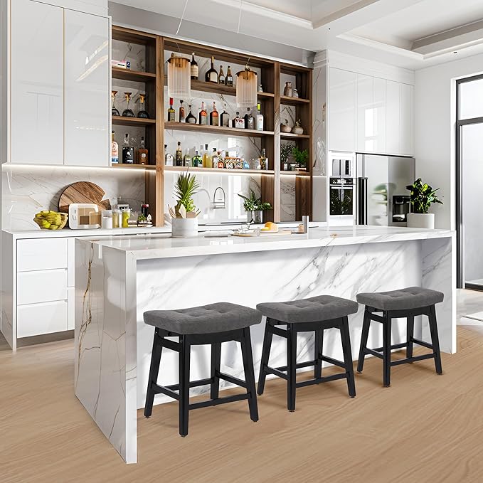 RNKSFX Counter Height Bar Stools Set of 4 for Kitchen Counter Farmhouse Modern Barstools with Faux Leather Upholstered Backless Seat and Solid Wood Legs 24 inch Bar Chairs, Grey + Black