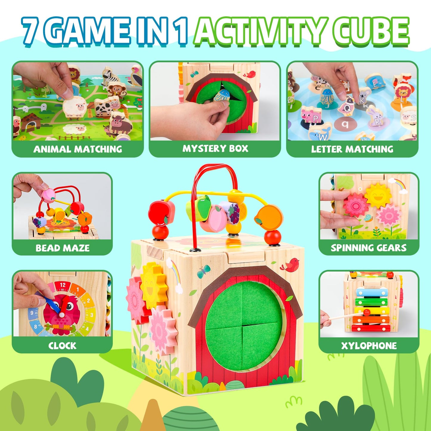 Wooden Activity Cube with Map Farm Game and Mystery Box | Montessori Toys for 1 2 3 Year Old Toddlers | Baby Toys 12-18 Months | First Birthday Gifts for Girls & Boys