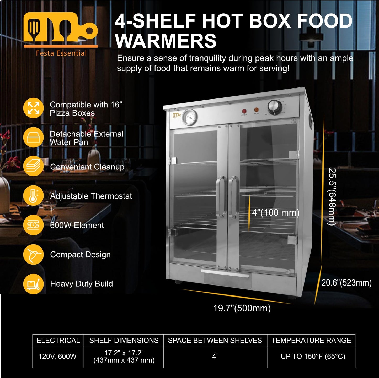 4-Shelf Electric Hot Box Food Warmer Accommodating up to (8) 16" Pizza Boxes, Countertop Heated Holding Cabinet for Pretzels, Warming Machine for Home Commercial Use, w/Water Drawer, 120V 600W