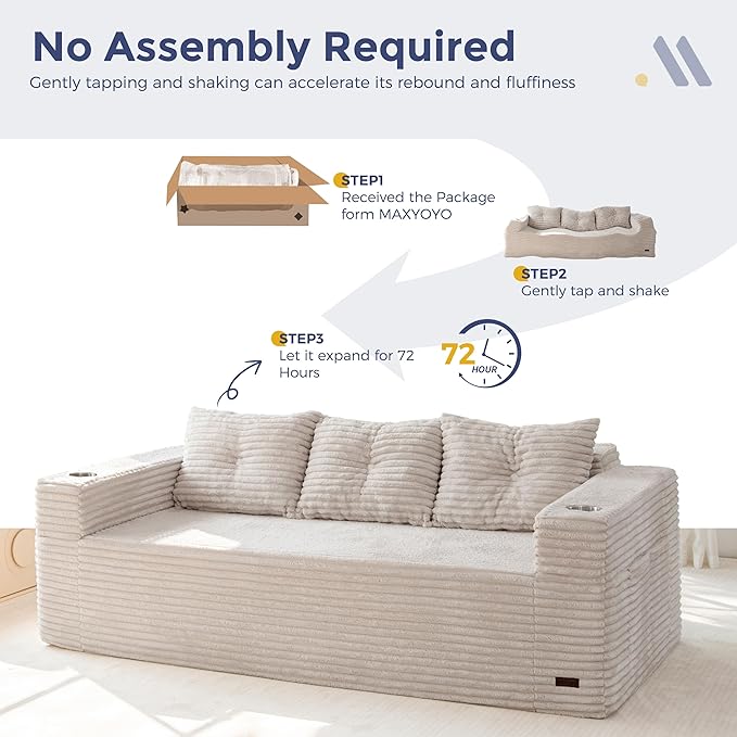 MAXYOYO 79" Oversized Boneless Loveseat Sofa Couch for Small Spaces, Mini Love Seat Floor Couch with Cup Holders and Pillows, 3-Seater Upholstered Cloud Couch for Bedroom, No Assembly Required