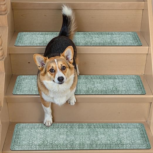 Vintage Stair Treads Non Slip Stair Runners for Wooden Steps Indoor, 15PCS 8"x30" Rubber Backing Carpet Treads for Wood Stairs Staircase Step Treads for Kids & Dogs, Stair Covers, Green