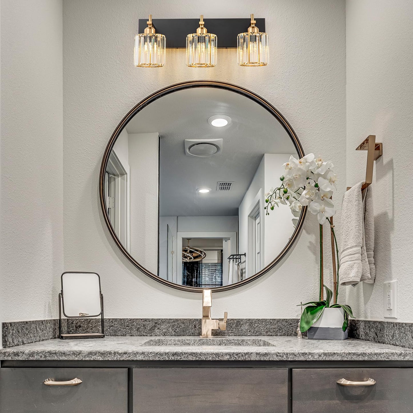 HUOKU Modern Crystal Bathroom Vanity Lights, Black Gold 3-Lights Bathroom Light Fixtures Over Mirror, Crystal Wall Lighting with Polished Gold Finish(Exclude Bulb)