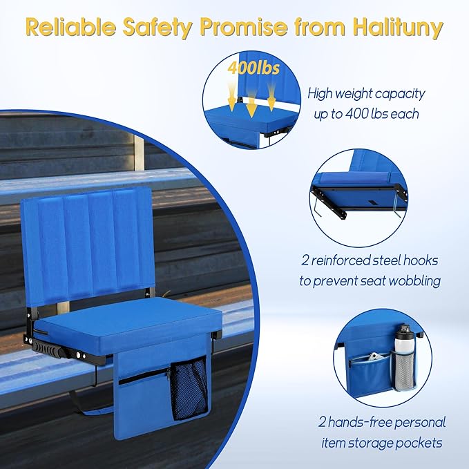 Halituny Stadium Seat for Bleachers with Back Support, Portable Bleacher Seat with Wide Comfy Padded Cushion, Metal Hook, Folding Stadium Chair with Shoulder Strap, Carry Handle, Cup Holder