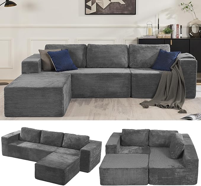 Furnify Loveseat Sofa, Cloud Modular Sofa Couch, Upholstered Floor Sofa with Deep Seat, Upholstered Foam Couch for Bedroom Living Room, No Assembly Required (Plush Corduroy Fabric, Grey)