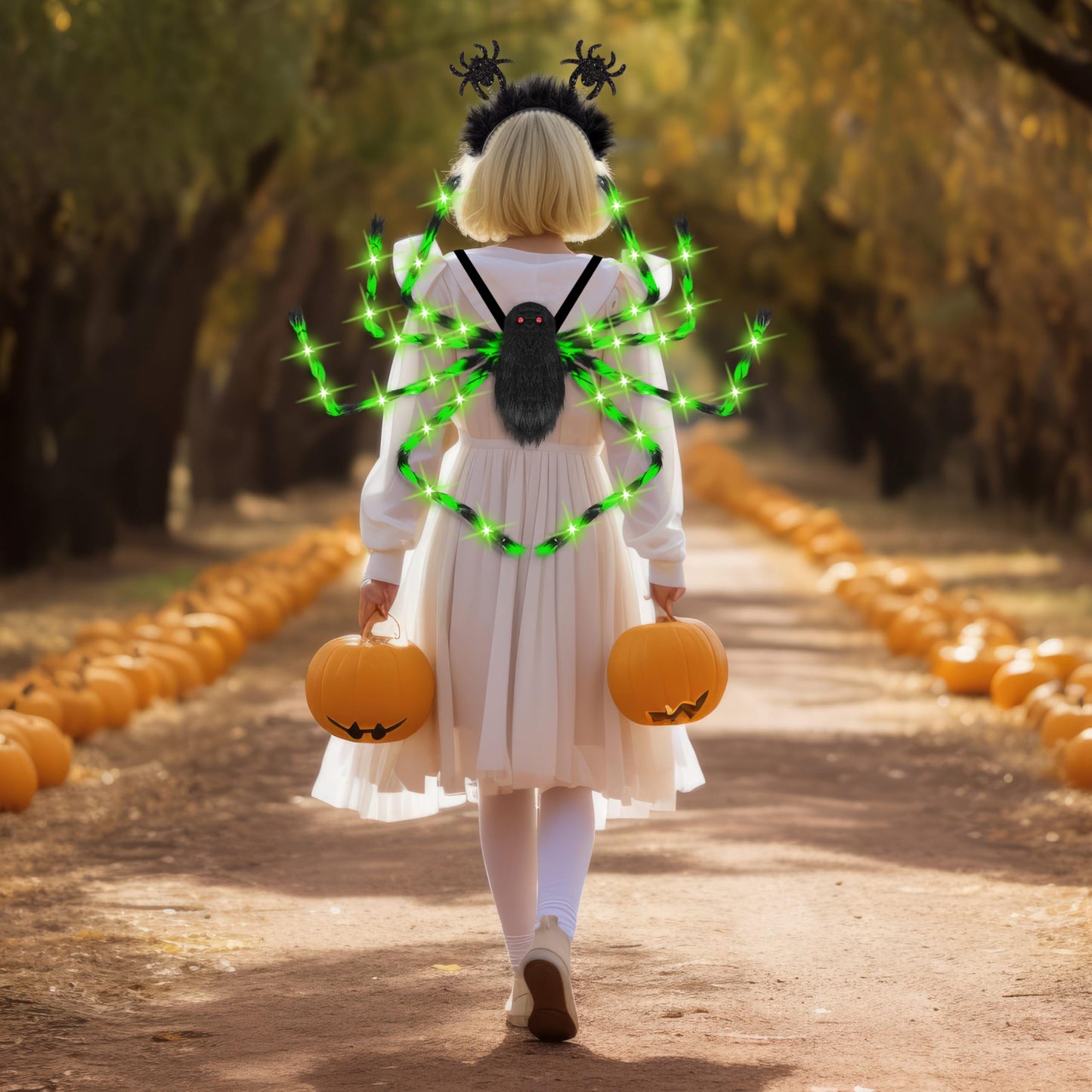 Halloween Spider Costume for Adults Green LED Lights Candy Backpack Headband Ring Tattoos for Trick or Treat Cosplay Halloween Party Decorations Accessories (Batteries Not Included)