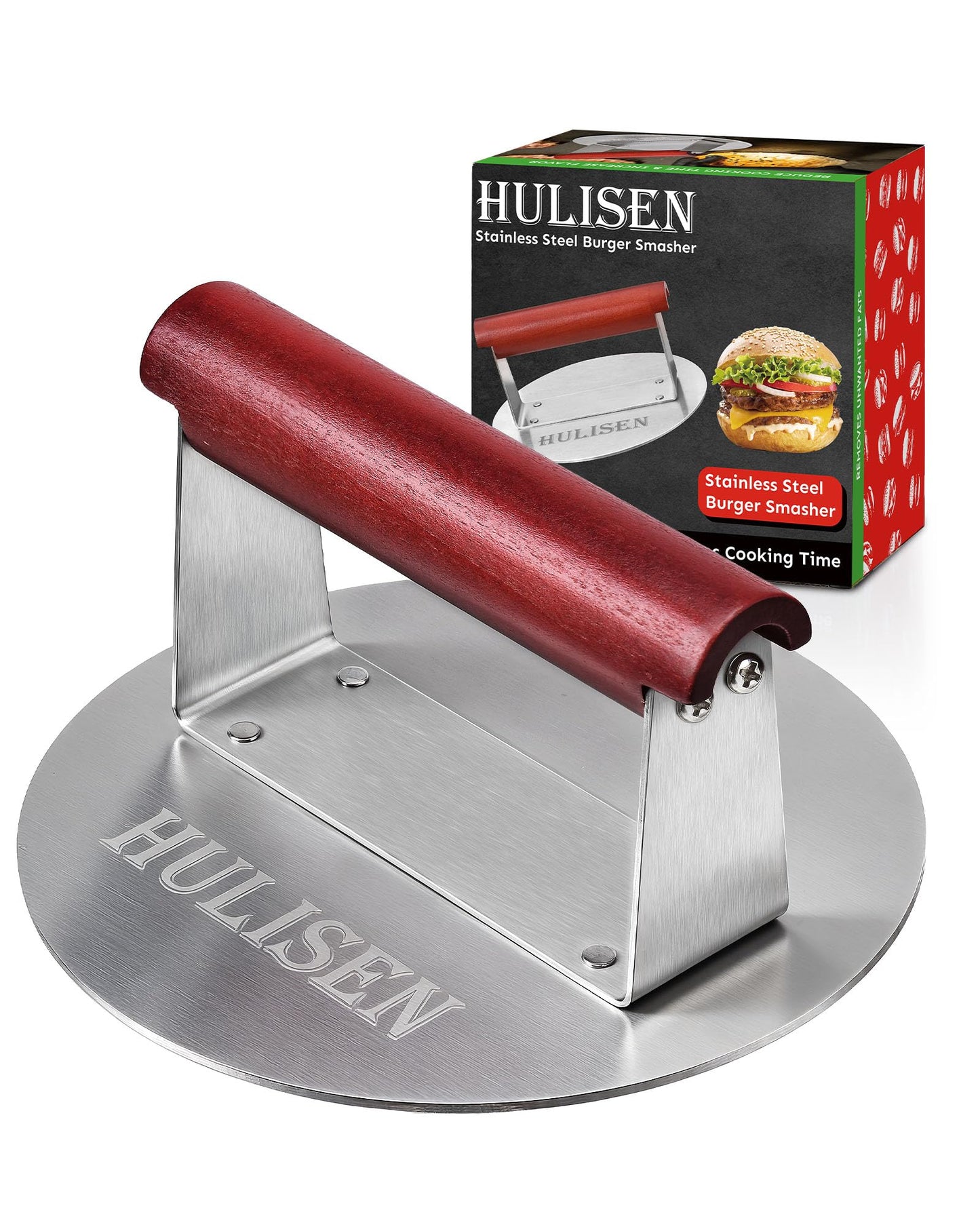 HULISEN 6.2 Stainless Steel Smashed Burger Press with Extra Wide Heat-Resistant Wood Handle, Burger Smasher for Flat Top Griddle
