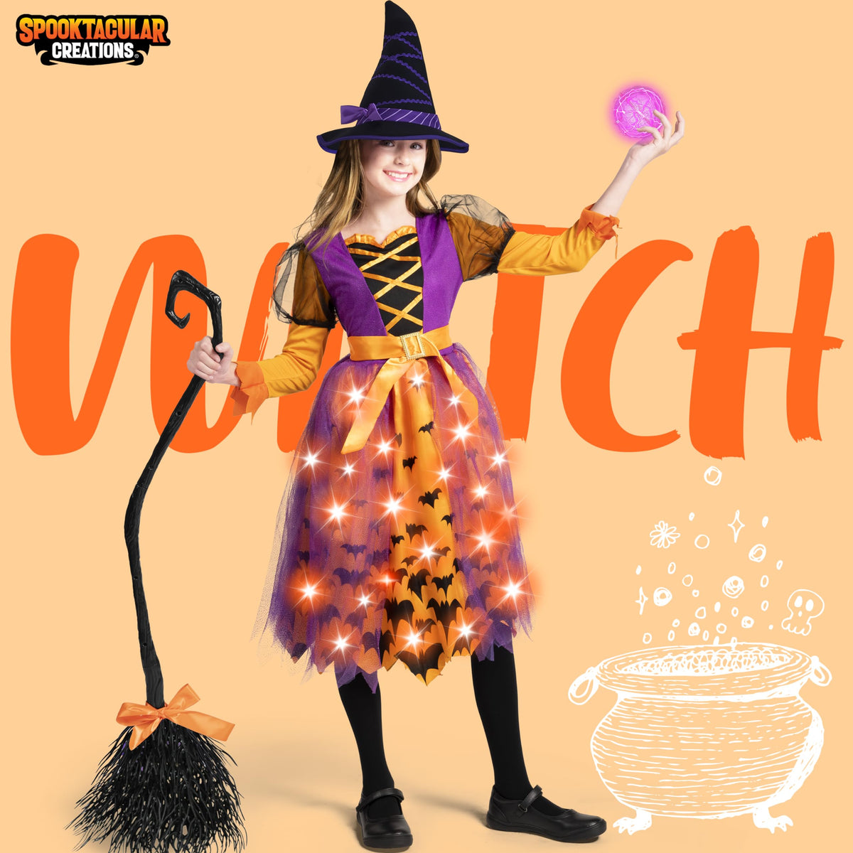 Spooktacular Creations Girls Witch Costume, Light Up Starry Witch Dress with Hat and Broom for Kids, Toddler Halloween Dress Up, Role Play (Small (5-7yr))