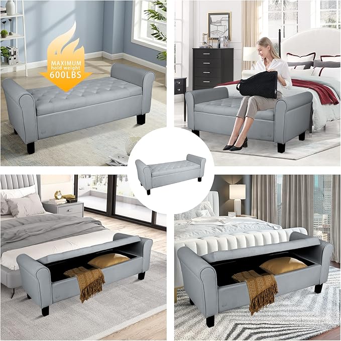 Babion Storage Bench for Bedroom End of Bed, Button Tufted Storage Ottoman Bench 51 Inch, End of Bed Storage Bench with Upholstered, Rolled Arm Window Bench Seat with Solid Wood Legs, Dark Grey