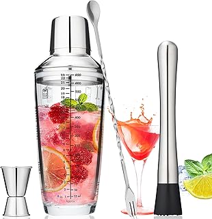 Tiawudi 23oz Glass Cocktail Shaker Set, 4PCS Bartender Kit, Martini Mixer Shaker with Built-in Strainer, Measuring Jigger,...