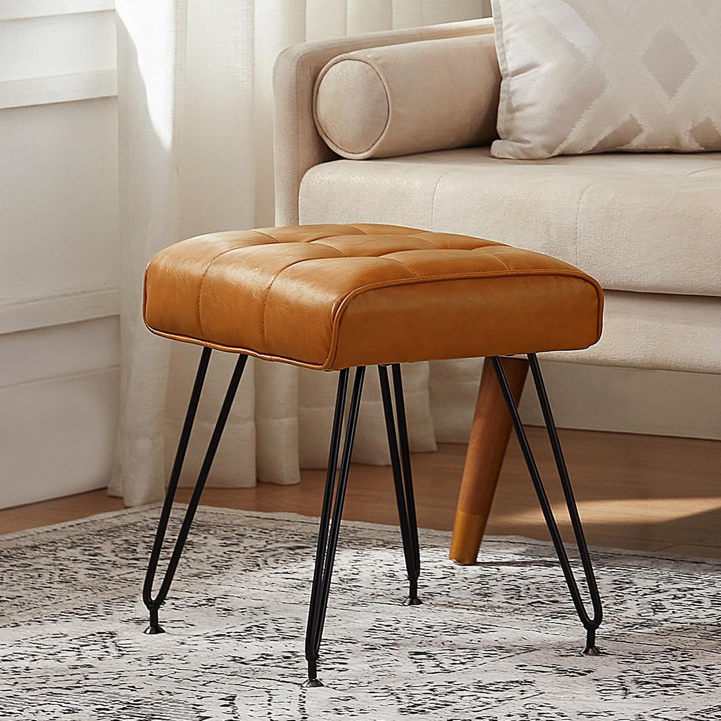 EBENCHICO PU Leather Vanity Stools, Vanity Stool Chairs for Makeup Faux Leather Foot Stools Ottoman with Metal Leg Make up Chairs for Vanity Small Bench Seat for Living Room Bedroom (Brown)