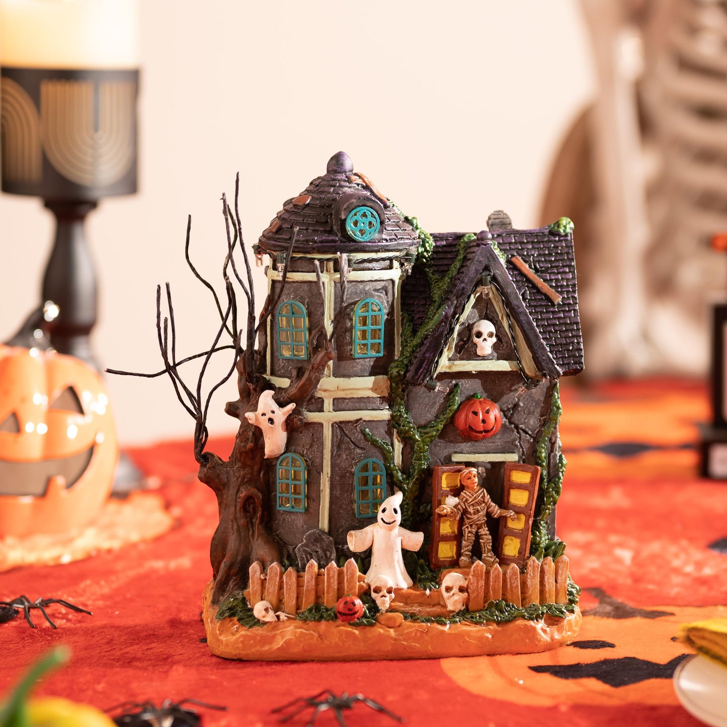 Valery Madelyn Halloween Decorations, Lighted Halloween Village Houses with Music and LED Lights, Resin Spooky Town Mummy's Haunted House for Home and Party Table Desk Mantel, 8 Inch
