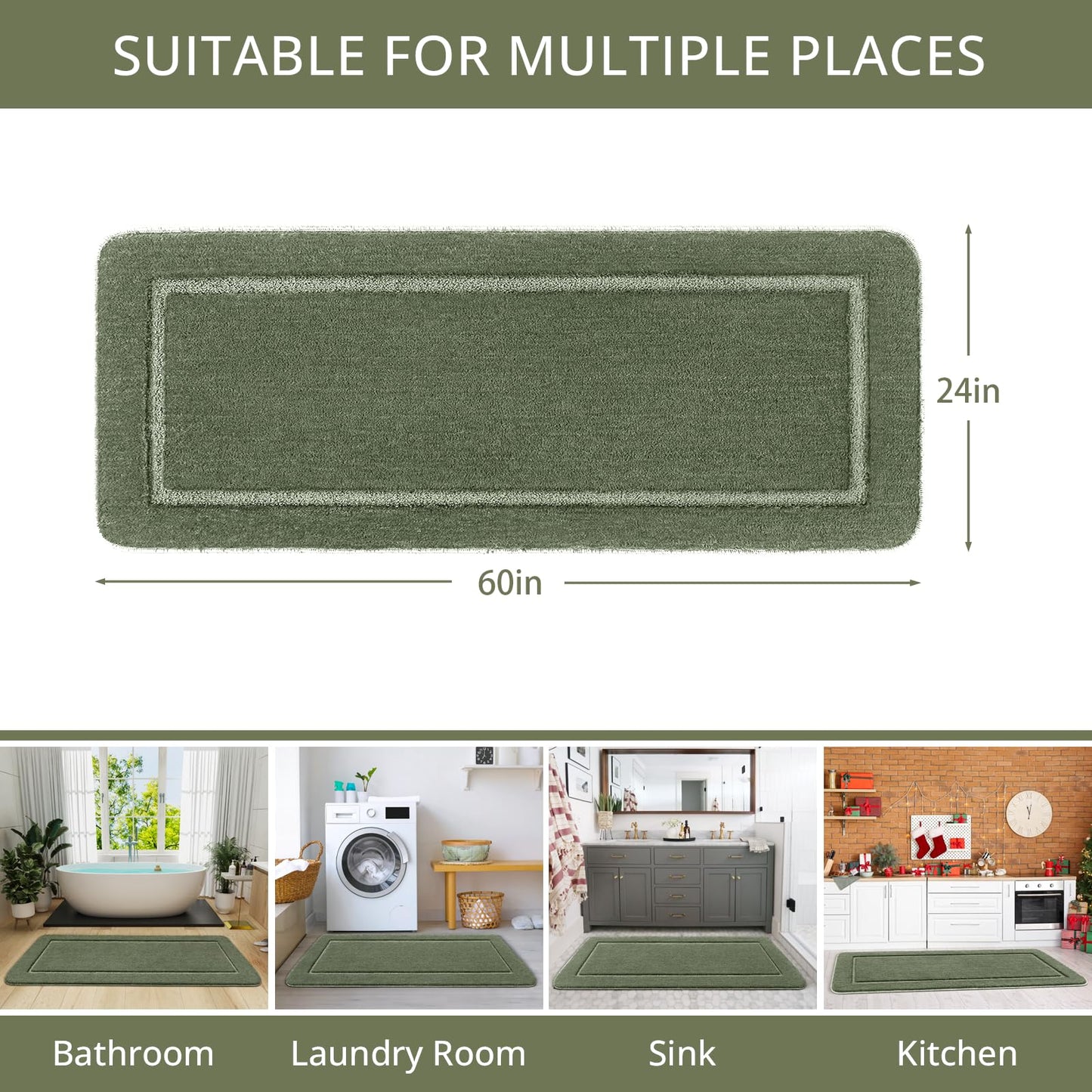 HOMORE Long Bathroom Runner Rugs 24x60 Inch, Absorbent Non Slip Washable Bathroom Rug, Luminous and Luxury Plush Bath Rugs Mats for Shower Floor, Sage Green