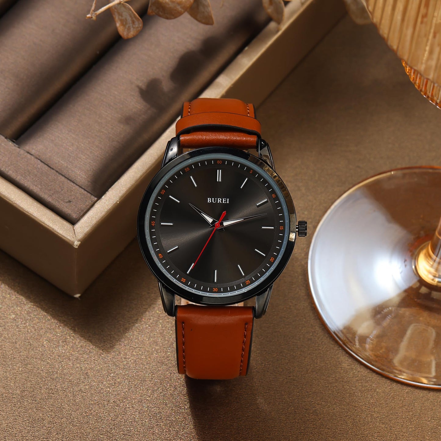 BUREI Mens Fashion Watches Brown Leather Analog Quartz Waterproof Watch Dress Minimalist Wrist Watches for Men, Gift for Men (Red Black Brown)