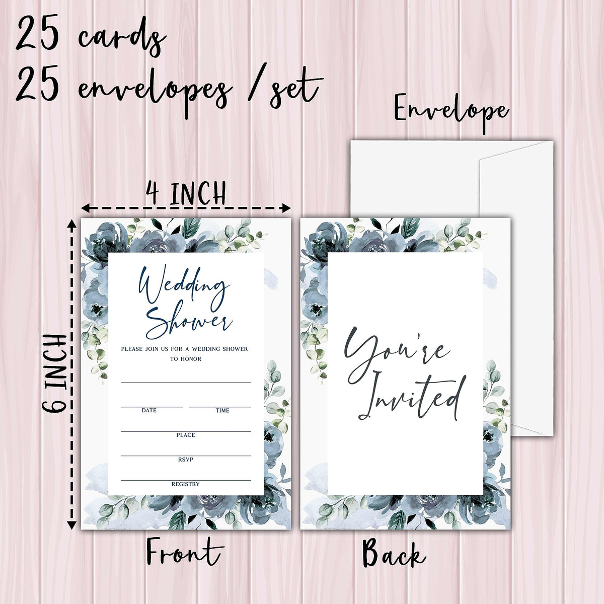 Dusty Blue Floral Wedding Shower Invitations - Elegant Bridal Shower Invites - Watercolor Bridal Brunch Invitation - Dusty Blue Roses Couples Shower, Engagement Party Supplies (25 Set of Invitations