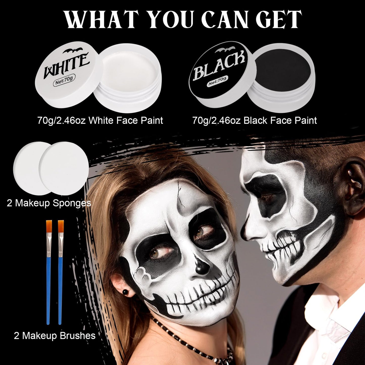Black and White Face Body Paint with 2 Brushes and 2 Sponges, Non Toxic and High-capacity Cospaly Accessories for Kids & Adults, Art Special Effects Makeup Kit for Halloween Vampire and Clown Makeup