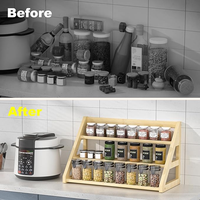 3-Tier Spice Rack Organizer for Cabinet,Bamboo Tiered Spice Rack for 24 Spice Jars(4 oz),Spice Shelf for for Kitchen Countertop,Seasoning Rack,17.5" L x 8.3" W x 9.4" H