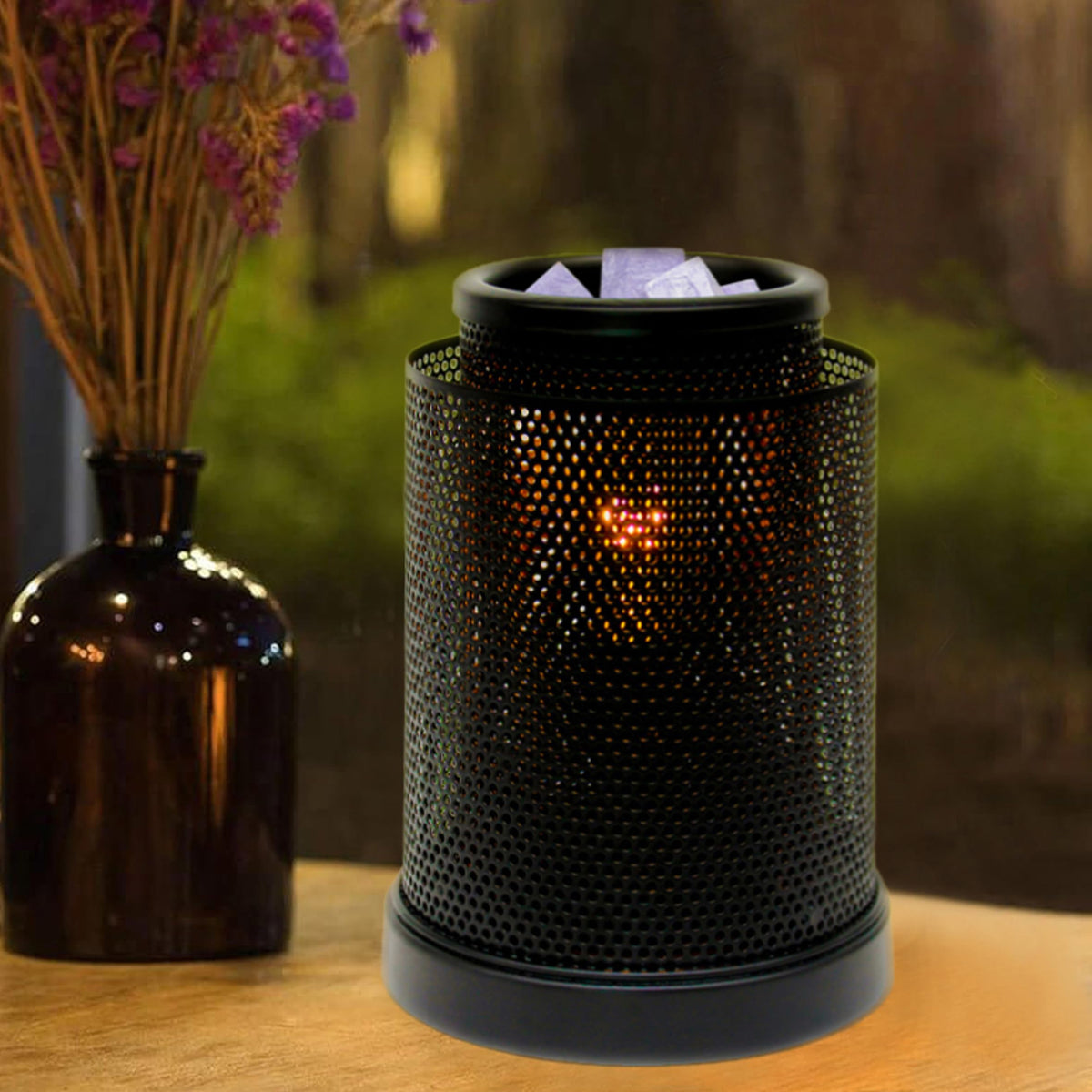 CVHOMEDECO. Electric Wax Melt Warmer Punched Double Metal Tart Warmer Decorative Candle Warmer Burner for Scented Candles, Wax Melts and Tarts to Freshen Room, Idea for Home/Office Decor., Black