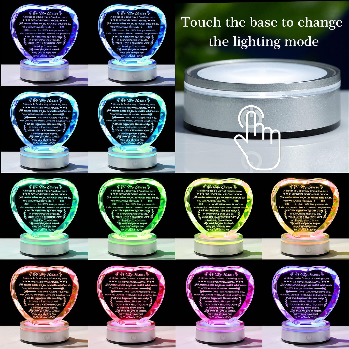 Movdyka Sister Birthday Gifts Crystal Keepsake with LED Base, Laser Engraved Sister Gifts from Sister, Soul Sister Gifts for Women, Unique Big Sister Gifts for Girls, Best Sister Ever Gifts