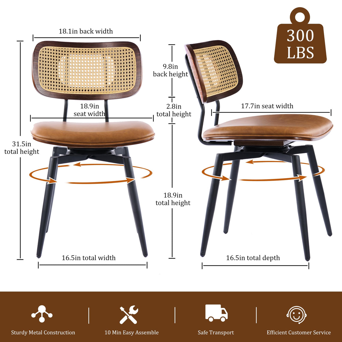 Quenvo Swivel Dining Chairs with Rattan Back, Modern Brown Leather Dining Chairs Set of 4, Swivel Dining Room Chairs Kitchen Side Chairs with Metal Legs and Upholstered Seat for Kitchen & Restaurant