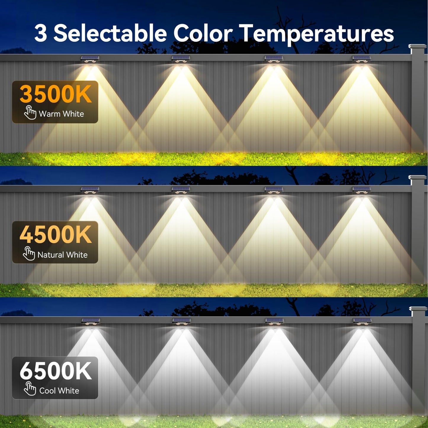 TECKNET Solar Fence Lights Outdoor 8 Pack, 3 Modes 3500K/4500K/6500K, IP66 Waterproof LED Deck Light, Dusk to Dawn Fence Lights Solar for Wall, Railing, Step, Patio, Pool, Backyard, Outside