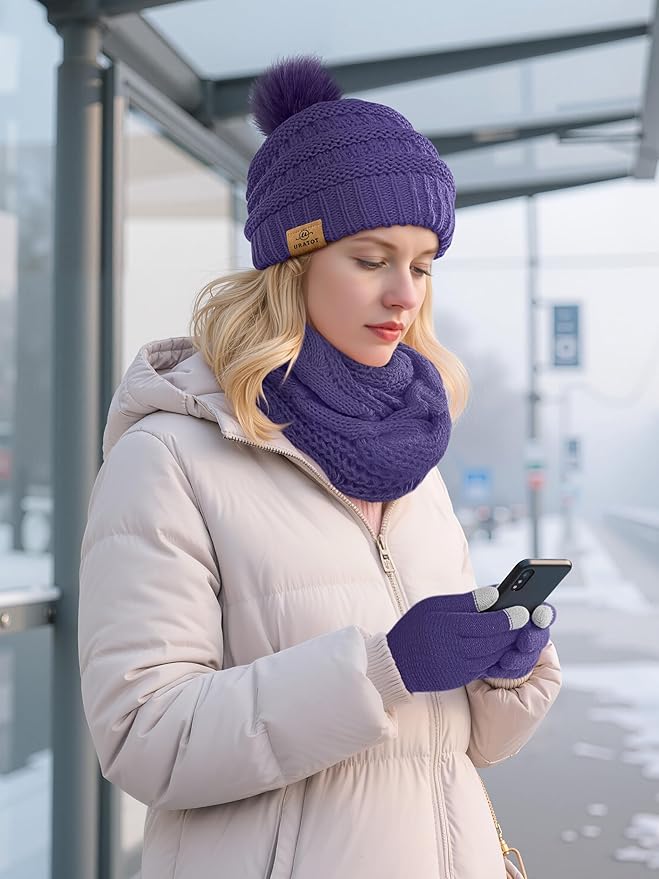 URATOT 4-In-1 Winter Warm Sets Knitted Scarf Touch Screen Gloves Beanie Pompom Hat and Winter Ear Warmer for Men or Women