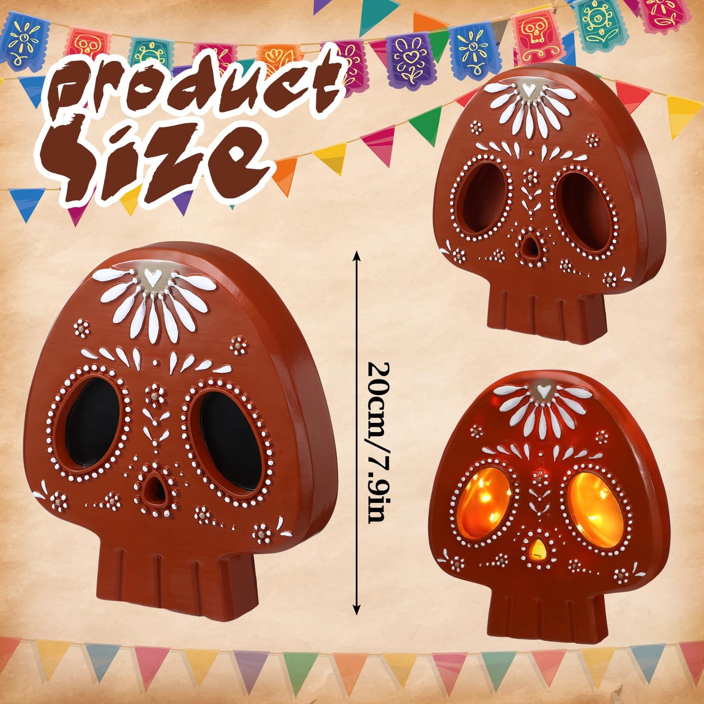Mexican Skull Table Decor 7.9 Inch Day of The Dead Sugar Skull Dia De Los Muertos Figurines Skeleton Statue Resin Table Centerpiece Ornaments for Halloween Tabletop Mantel Home Decoration Indoor