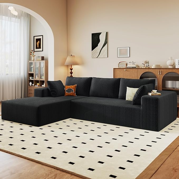 96" Cloud Sectional Couch with L-Shape Chaise, Modern Corduroy Boneless Couch for Living Room,Memory Foam Sofa with Deep Seat,No Assembly Required (Black,Left-Facing Chaise)