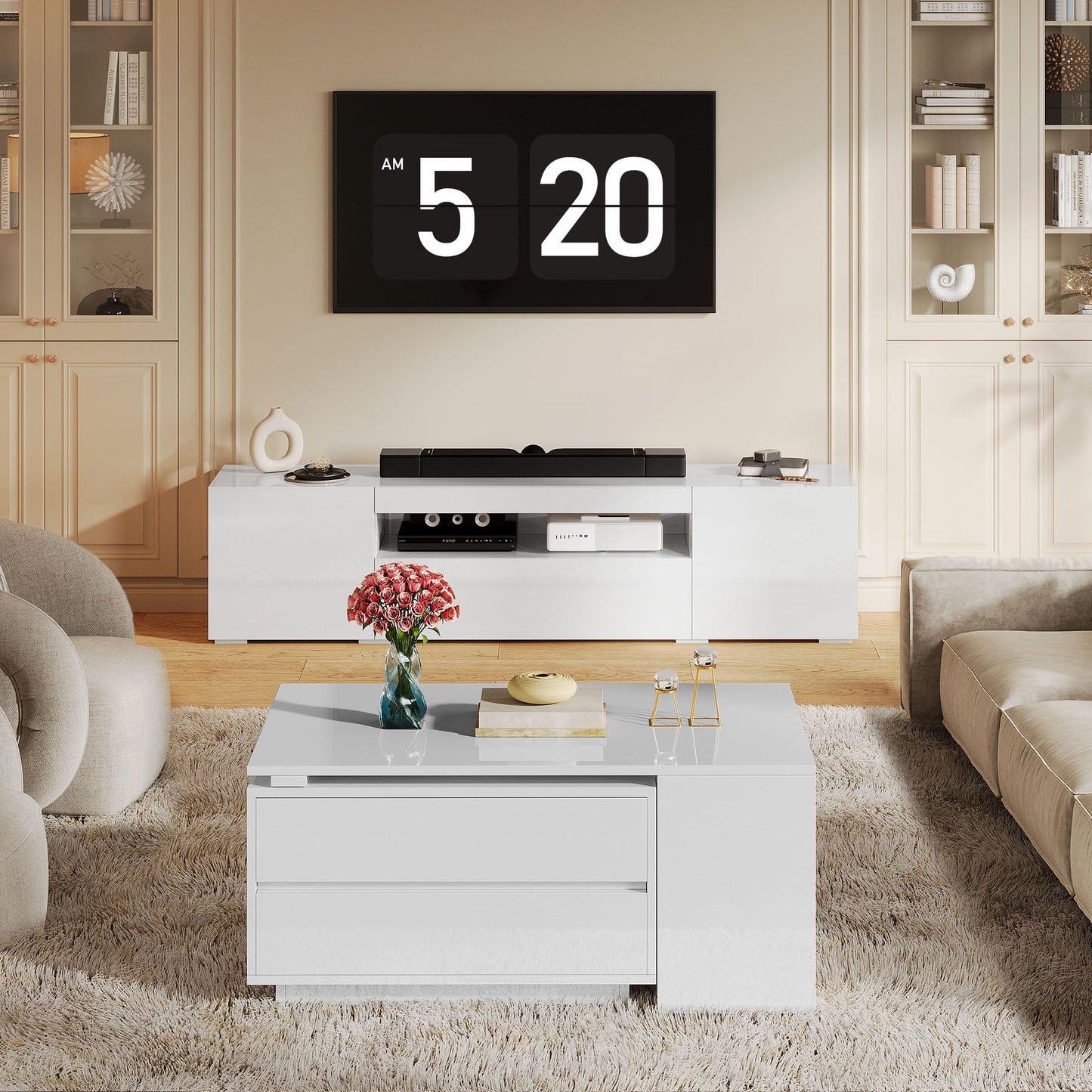 YITAHOME Coffee Table LED Coffee Table with 4 Storage Drawers, Extendable Coffee Tables for Living Room, Modern Wooden Rectangle Cocktail Table with Open Shelves & Sliding Tabletop 35"- 61", White
