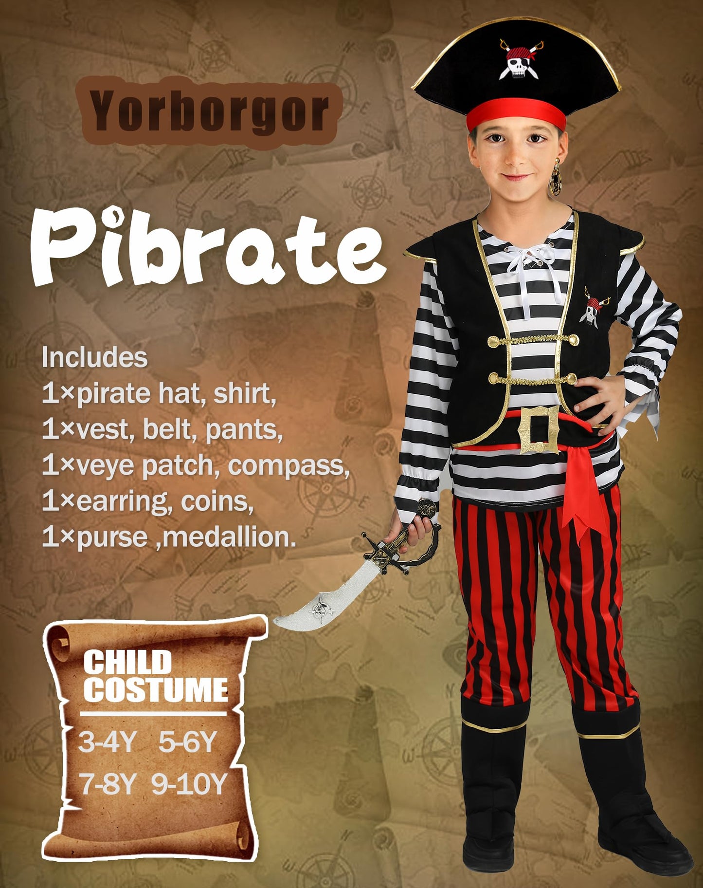 Yorborgor Kids Pirate Outfit - Boys Cosplay Party Dress Up (Stripes, 3-4 Years)