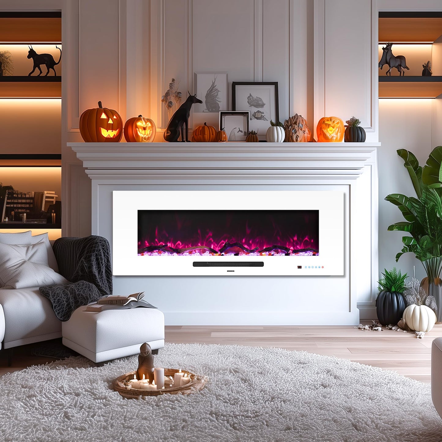 Oxhark Flame 50 inch Electric Fireplace, Recessed & Wall Mounted Fireplace Heater with Remote Control and 750/1500W Thermostat, Multicolor Flame Combinations, Logs & Crystal, White