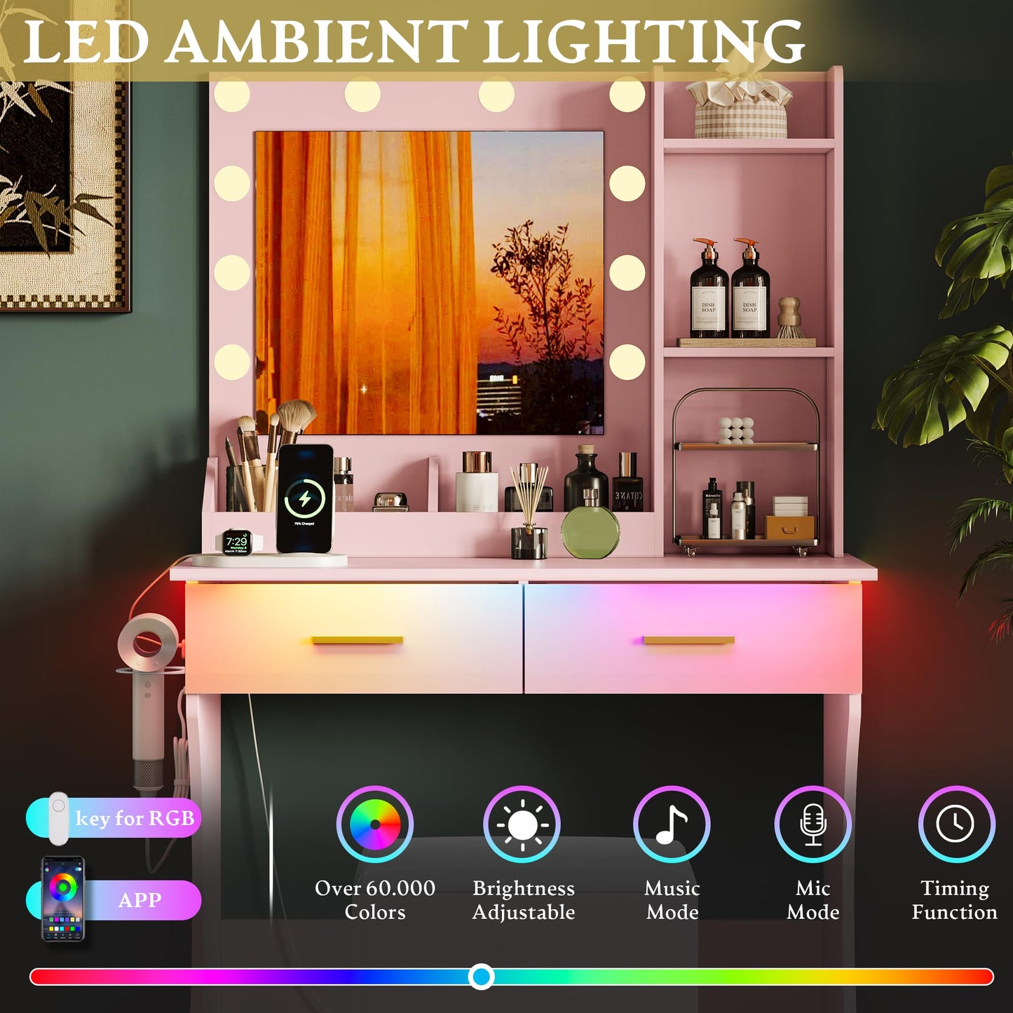Vanity Desk with Mirror and Lights, Small Makeup Vanity Table Set with Storage Drawers & Power Outlets & Chair, 3 Lighting Modes & RGB Ambient Light, Dressing Table for Women Girls Bedroom, Pink
