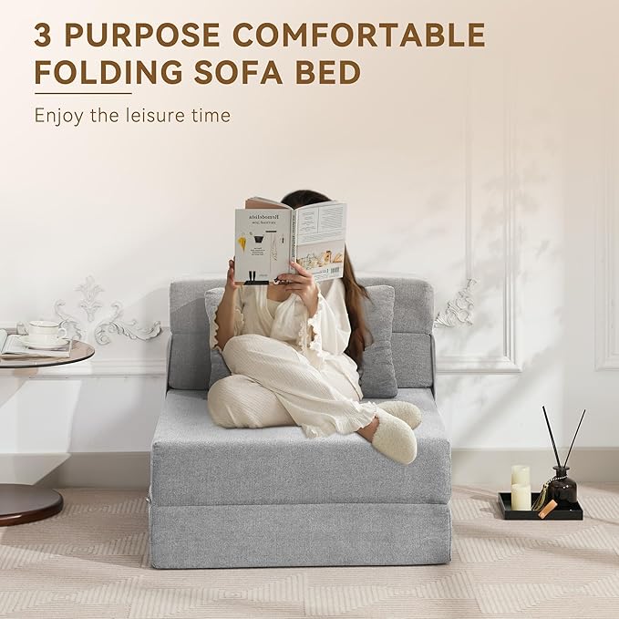 WUTUTUEE Folding Sofa Bed Convertible Floor Couch Foldable Chair Bed with Pillow,Linen Sleeper Chair Futon,Foldable Memory Foam Mattress for Bedroom/Living Room/Dorm/Office (Light Grey, Single)