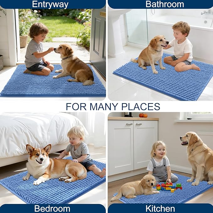 OLANLY Dog Door Mat for Muddy Paws 47x17, Ultra Absorbent Chenille Mud Doormat, Non-Slip Washable and Dirt Trapping Doormat for Indoor Entryway, Quick-Dry Indoor Pet Bed Mats for Dogs, Cornflower Blue