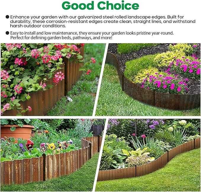 Camitlli Corrugated Metal Garden Edging,Sturdy Tall Landscape Edging Borders with 6pcs Anchor Stakes, Perfect DIY for Flower Beds, Lawn and Pathway,Tree Surrounds,Paver Edges (Pre-Rusted 8"×20FT)