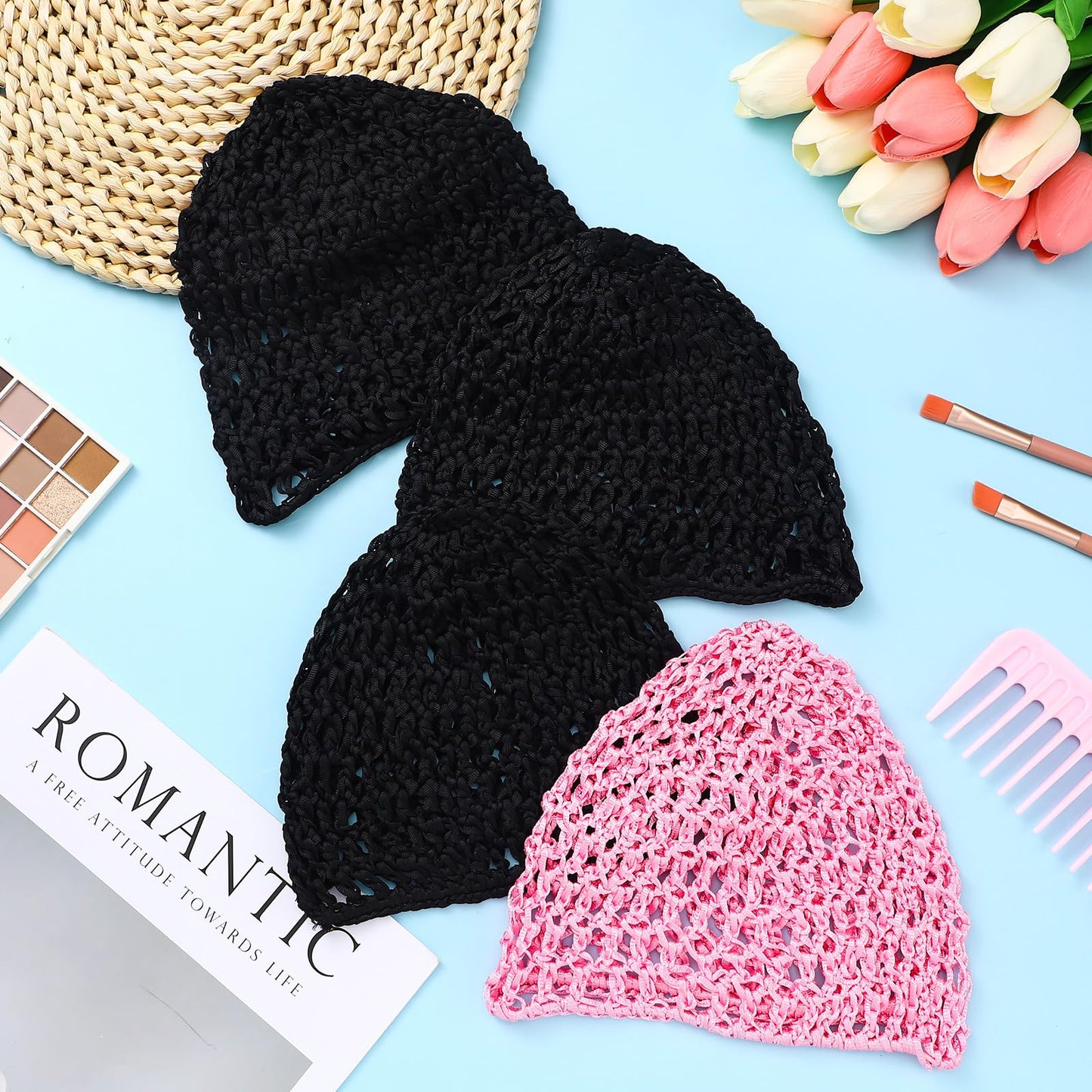 Geyoga 4 Pieces Mesh Crochet Hair Net Rayon Knit Snood Hat Thick Short Women Hairnet Snoods Cover Ornament for Sleeping (Pink,Bl