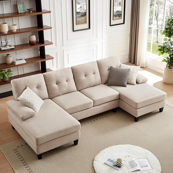 Chireca 111" Sectional Couch for Living Room, Modern Polyester Fibre U Shaped Sofa Couches with Double Chaise, Upholstered 4 Seater Sofa for Living Room, Apartment, Office, Beige